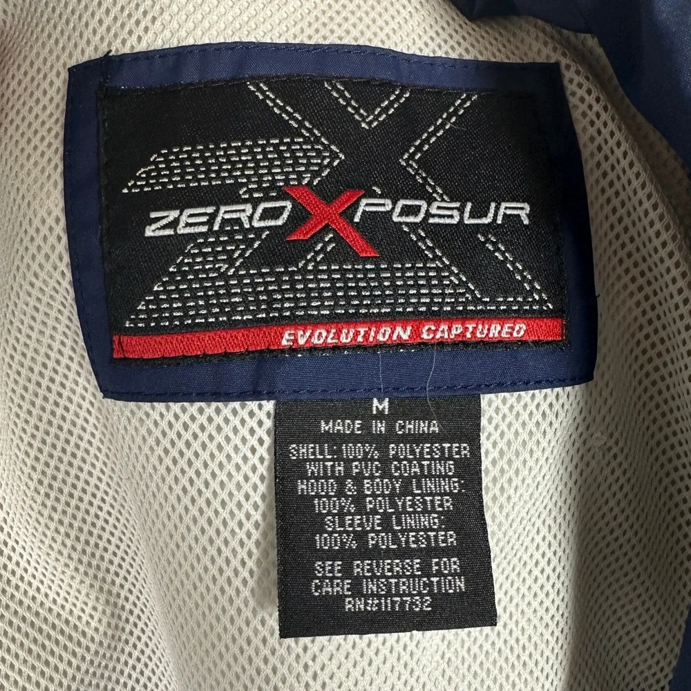 ZeroXposur Windbreaker Mens Medium Navy White Striped Hooded Mesh Lined EUC